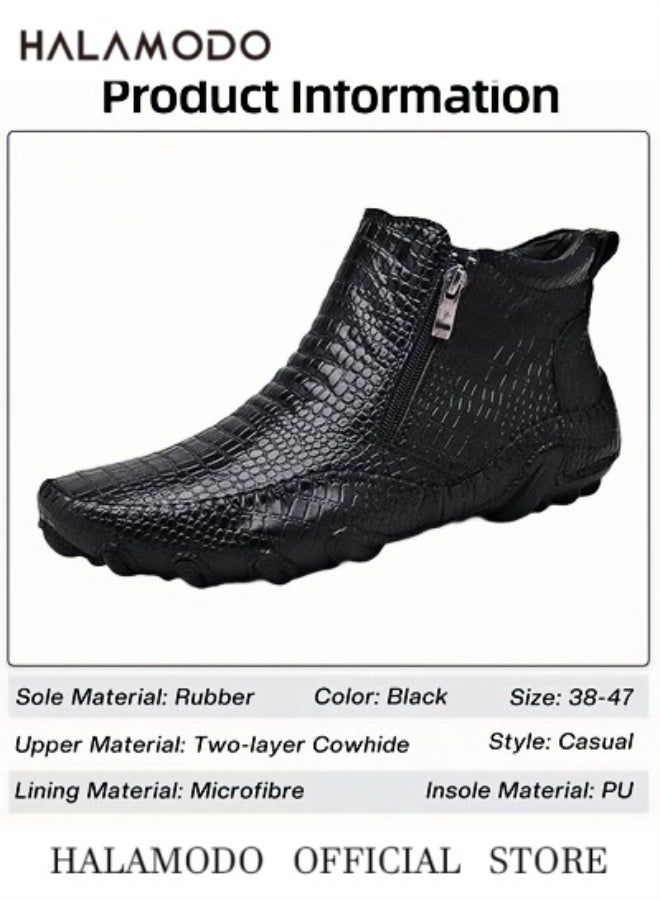 هالامودو حذاء رجالي كاجوال من الجلد بسحاب منقوش بخطوط تمساح ونعل مضاد للانزلاق وجلد منقوش ونمط عمل غير رسمي للرجال - Image 2
