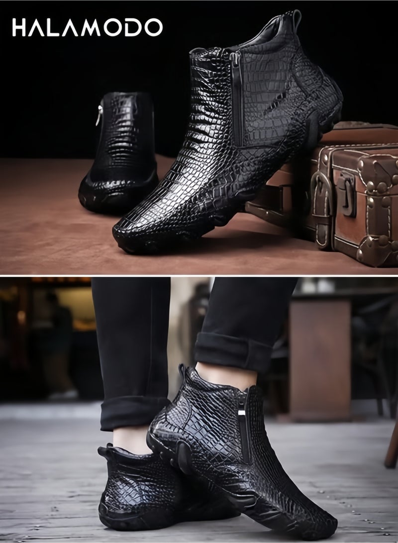 هالامودو حذاء رجالي كاجوال من الجلد بسحاب منقوش بخطوط تمساح ونعل مضاد للانزلاق وجلد منقوش ونمط عمل غير رسمي للرجال - Image 4