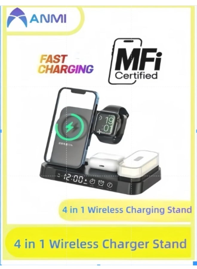 أنمي 4 في 1 قاعدة شحن لاسلكية مع ساعة لهواتف آبل مقاس 15/14 بوصة/سماعات إير بودز/ساعة آي واتش (أسود)