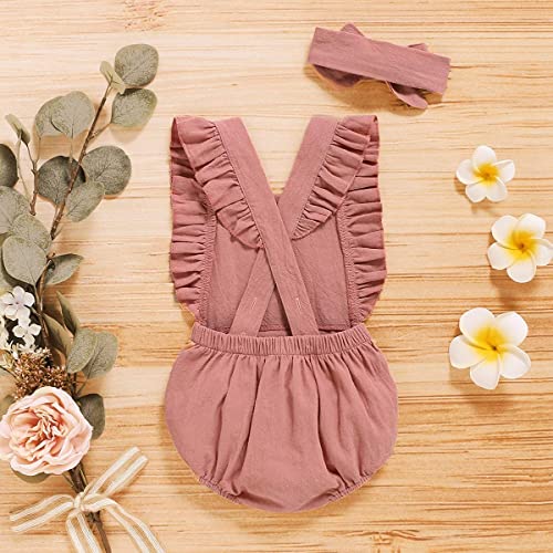 Shalofer 1st Birthday Outfit Girl Baby First Birthday Clothes Cute Backless Ruffles Bodysuit with Headband (Pink,6-12 Months) - Image 4