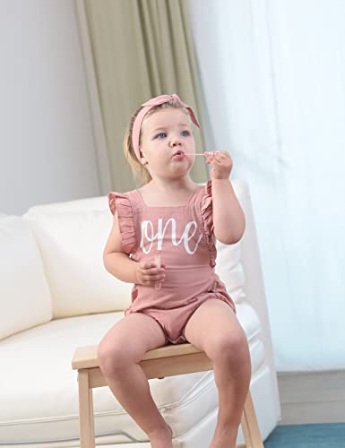 Shalofer 1st Birthday Outfit Girl Baby First Birthday Clothes Cute Backless Ruffles Bodysuit with Headband (Pink,6-12 Months) - Image 2