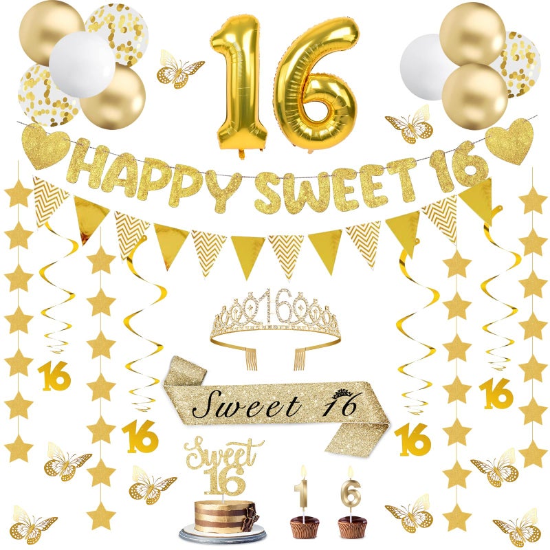 YeohJoy 32Pcs Sweet 16 Party Decorations with Banners, Hanging Swirls,Star Garland, Butterfly,Sweet 16 Sash and Tiara,Cake Toper Candles,Balloons, 16th Birthday Decorations for Girls Gold White - Image 1