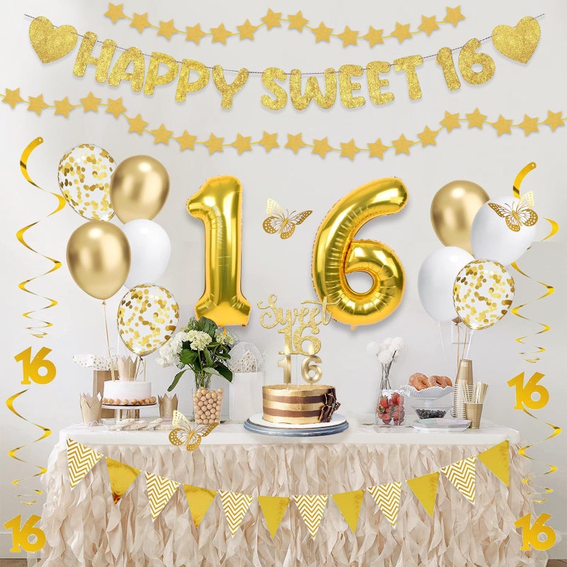 YeohJoy 32Pcs Sweet 16 Party Decorations with Banners, Hanging Swirls,Star Garland, Butterfly,Sweet 16 Sash and Tiara,Cake Toper Candles,Balloons, 16th Birthday Decorations for Girls Gold White - Image 3