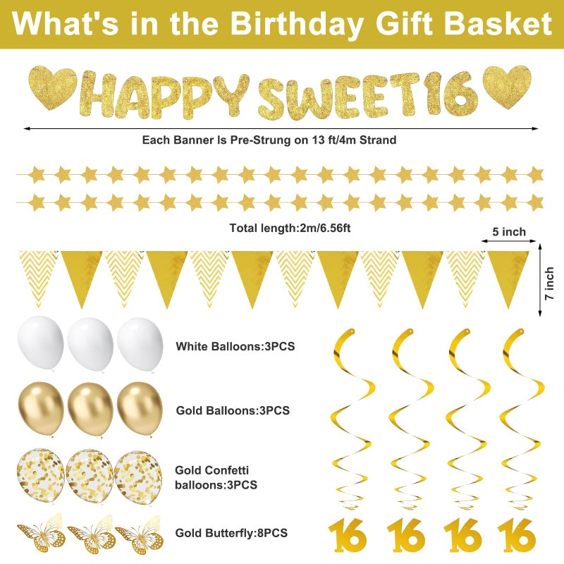 YeohJoy 32Pcs Sweet 16 Party Decorations with Banners, Hanging Swirls,Star Garland, Butterfly,Sweet 16 Sash and Tiara,Cake Toper Candles,Balloons, 16th Birthday Decorations for Girls Gold White - Image 4