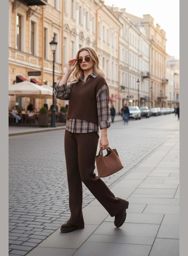 ليلا طقم نسائي من ليلا قميص كاروهات بقصة عادية مع تفاصيل محبوكة