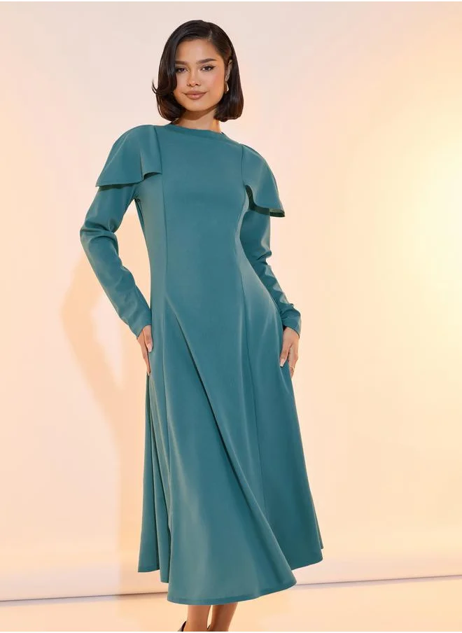 Take Two Solid High Neck Cape Style A-Line Midi Dress