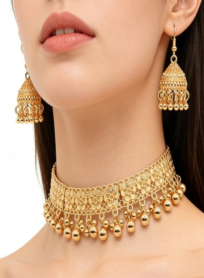 OIDIMS Bohemian Bridal Jewelry Set for Women Gold-Tone Plated Choker Necklace Jhumka Earrings Indian Wedding Boho Flower Ethnic Party Wear Bollywood Festival Statement Piece Traditional Tribal Holiday Prom - Image 2