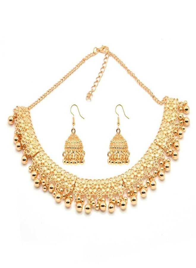 OIDIMS Bohemian Bridal Jewelry Set for Women Gold-Tone Plated Choker Necklace Jhumka Earrings Indian Wedding Boho Flower Ethnic Party Wear Bollywood Festival Statement Piece Traditional Tribal Holiday Prom - Image 1
