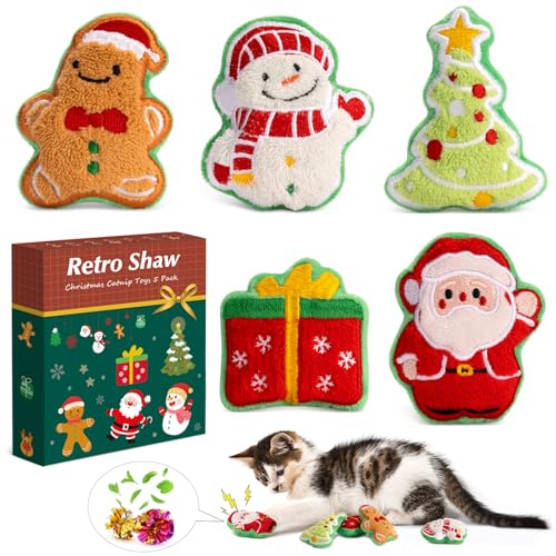 Retro Shaw Christmas Cat Toys, Xmas Catnip Toys for Indoor Cats Kitten Teeth Cleaning, Crinkly Interactive Cat Chew Nip Kitty Kicker Toy Santa Claus Trees Snowman, 5 Pack - Image 1