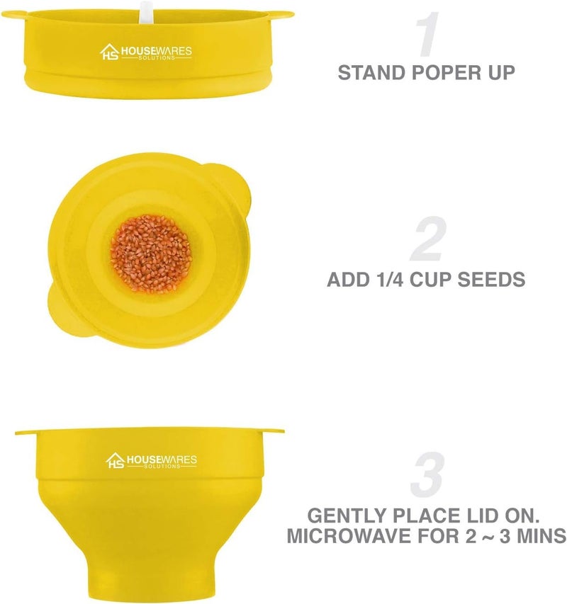 BRENSTEN Collapsible Silicone Microwave Hot Air Popcorn Popper Bowl With Lid and Handles (Yellow) - Image 4