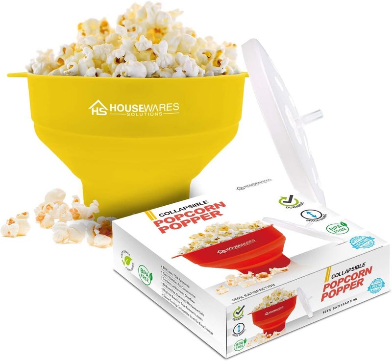 BRENSTEN Collapsible Silicone Microwave Hot Air Popcorn Popper Bowl With Lid and Handles (Yellow) - Image 1