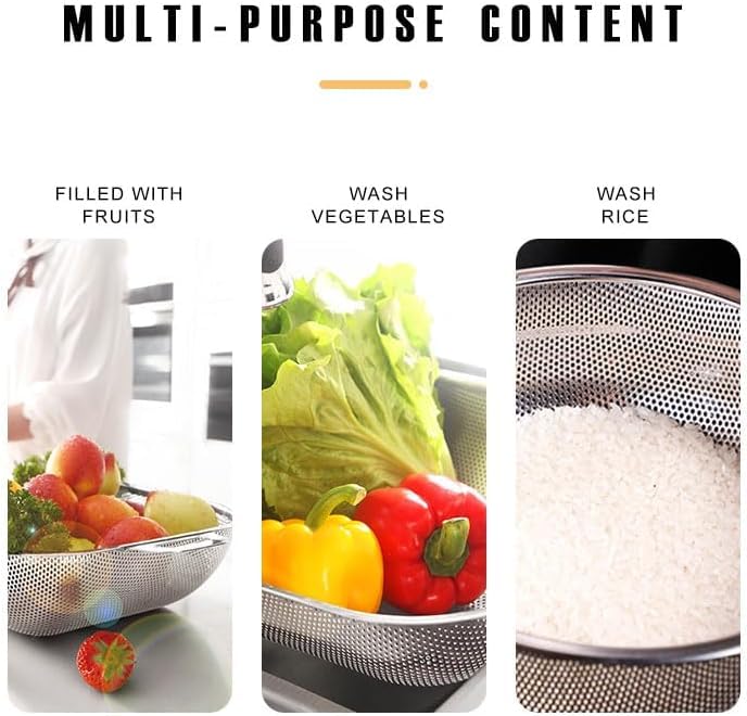 KRESHU Multi-Functional Rectangular Stainless Steel Basket with Handle| Colander Metal Strainer for Draining Vegetable Fruit Noodles Pasta Beans Grains Washing Filter Bowl Storing Purpose(Pack of 1) - Image 5