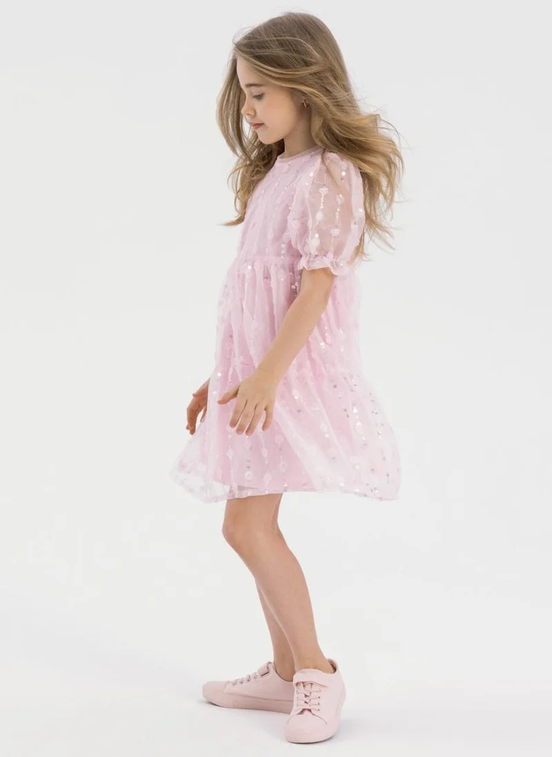 مينوتي Kids Girls Short Sleeve Flower Detail Sequin Dress
