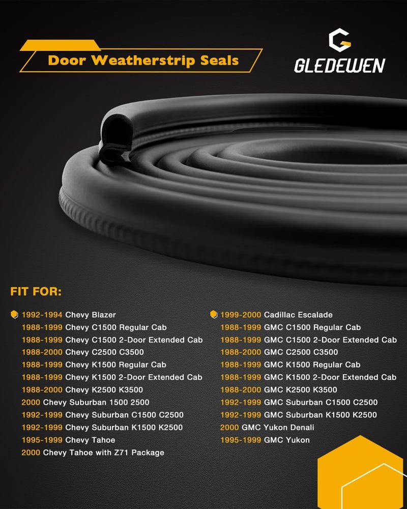 Gledewen Door Seal Weatherstrip, Compatible with 1988-2000 Chevy GMC C1500 C2500 C3500 K1500 K2500 K3500, Blazer Suburban Tahoe Yukon, Rubber Seal Trim Weather Stripping, Front Left & Right Side Weatherstrip - Image 2