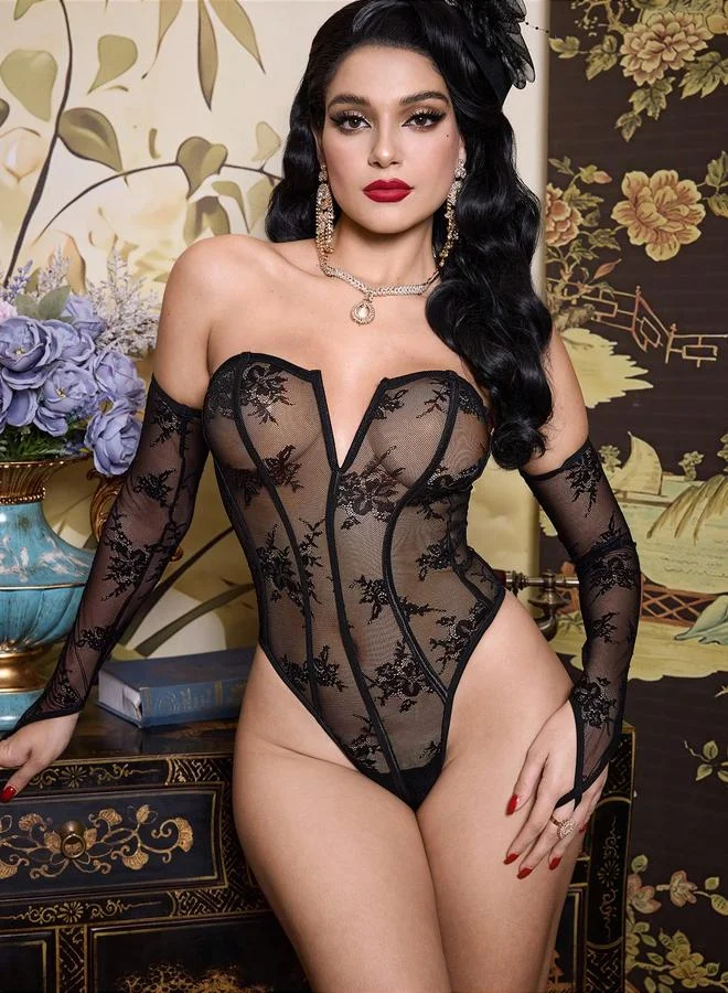 تايك تو Black Floral Lace Bodysuit with Gloves