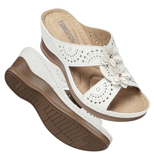 TEMOFON Womens Wedge Sandals Leather: Casual Dressy Women White Summer Platform Wedge Sandals Slip on Low Heels Comfortable Walking Size 9 - Image 1