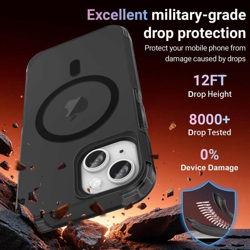 jaroco Magnetic for iPhone 13&14&15 Case with Screen Protector, Heavy Duty Protection, Compatible with MagSafe, Military Grade Drop Protection, Translucent Matte Shockproof Phone Cover, Black - Image 4