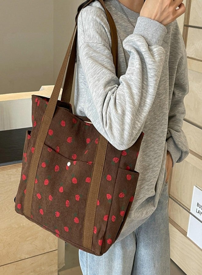 Tellrain Cute Strawberry Shoulder Tote Bag Women 2024 Corduroy Book Handbag Square Purse Multiple Pockets College, Coffee - Image 2