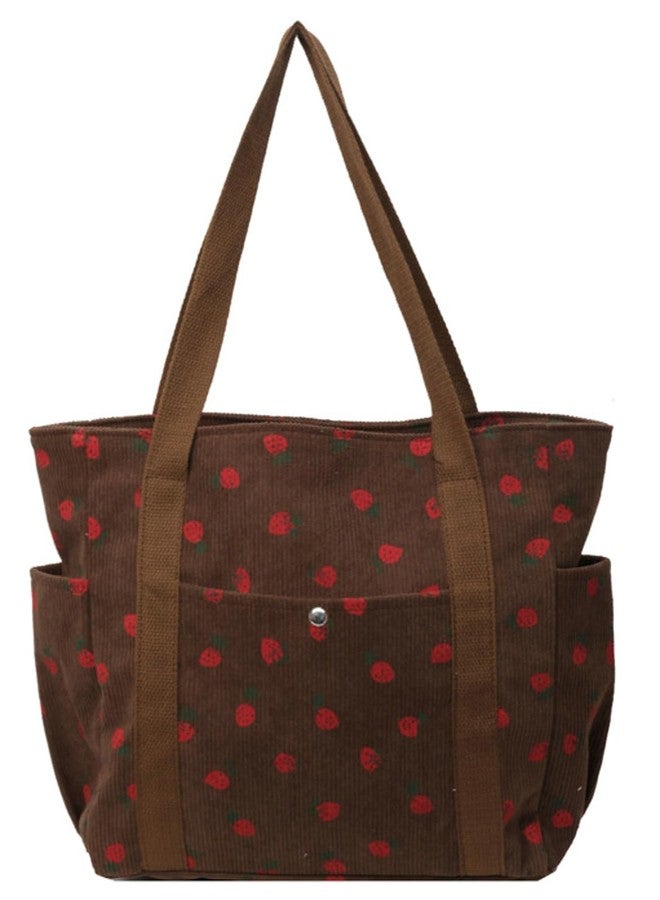 Tellrain Cute Strawberry Shoulder Tote Bag Women 2024 Corduroy Book Handbag Square Purse Multiple Pockets College, Coffee - Image 1