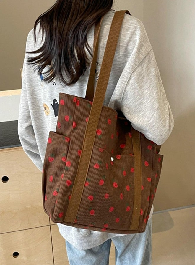 Tellrain Cute Strawberry Shoulder Tote Bag Women 2024 Corduroy Book Handbag Square Purse Multiple Pockets College, Coffee - Image 3