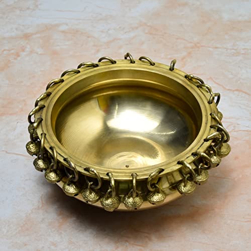 Bhimonee Decor | Pure Brass Urli Bowl with Hanging Bells | 6 Inch Traditional Ethnic Design | Antique Brass Finish | Home Temple Décor | Floating Flower Bowl | Pooja & Festive Decoration | 1 Piece - Image 3