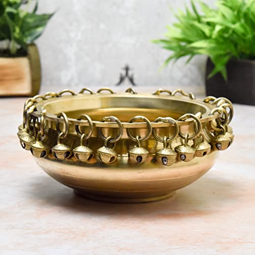 Bhimonee Decor | Pure Brass Urli Bowl with Hanging Bells | 6 Inch Traditional Ethnic Design | Antique Brass Finish | Home Temple Décor | Floating Flower Bowl | Pooja & Festive Decoration | 1 Piece - Image 4