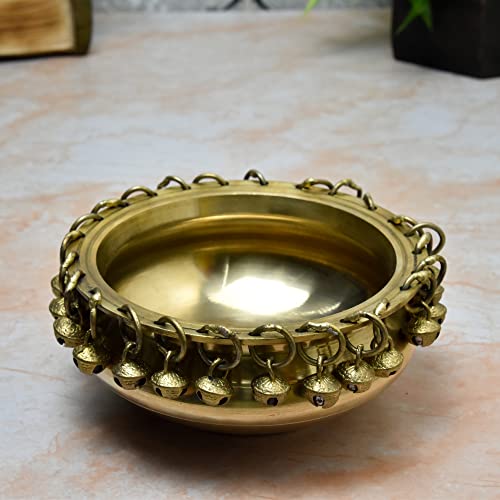 Bhimonee Decor | Pure Brass Urli Bowl with Hanging Bells | 6 Inch Traditional Ethnic Design | Antique Brass Finish | Home Temple Décor | Floating Flower Bowl | Pooja & Festive Decoration | 1 Piece - Image 1