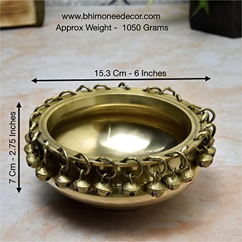 Bhimonee Decor | Pure Brass Urli Bowl with Hanging Bells | 6 Inch Traditional Ethnic Design | Antique Brass Finish | Home Temple Décor | Floating Flower Bowl | Pooja & Festive Decoration | 1 Piece - Image 2