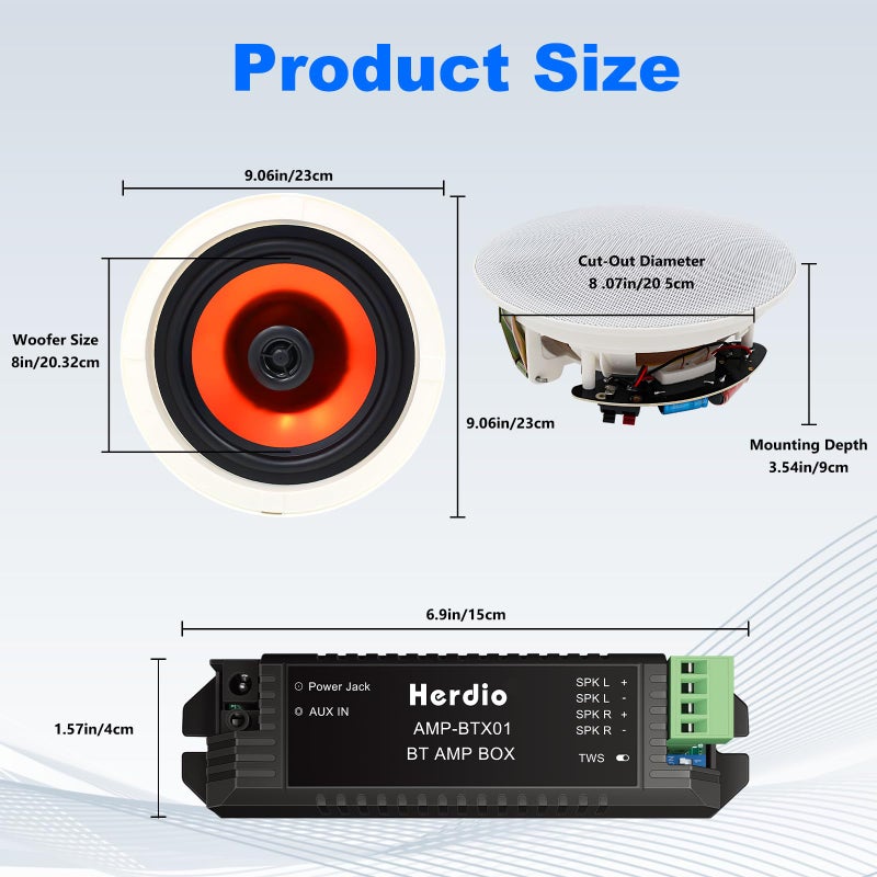 Herdio 8 Inch Bluetooth Ceiling Speakers Max Power 400 Watts 2 Way Flush Mount in Wall Speaker Great for Bathroom, Kitchen,Living Room,Office(1 Pair) - Image 5