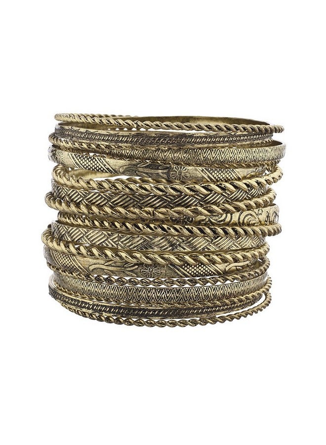 Lux Accessories Flower Mixed Metal Aztec Multi Bangle Set Burnish Gold