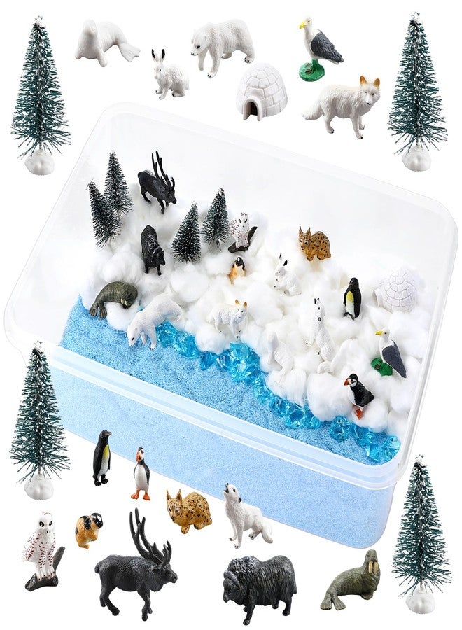 Beeveer 42 Pcs Winter Sensory Bin Fillers Snow Play Sand Toy Kit with Arctic Animals Figurines Counting Sorting Pine Trees Cotton Ball Bag Blue Sand Stone for Preschool Polar Project Education Birthday Gifts - Image 1