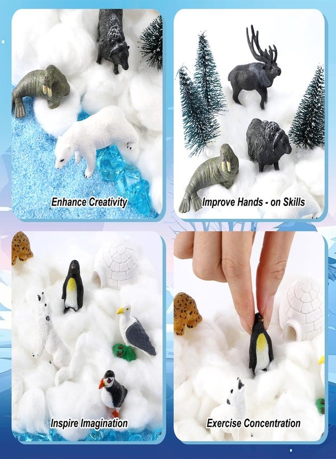 Beeveer 42 Pcs Winter Sensory Bin Fillers Snow Play Sand Toy Kit with Arctic Animals Figurines Counting Sorting Pine Trees Cotton Ball Bag Blue Sand Stone for Preschool Polar Project Education Birthday Gifts - Image 4