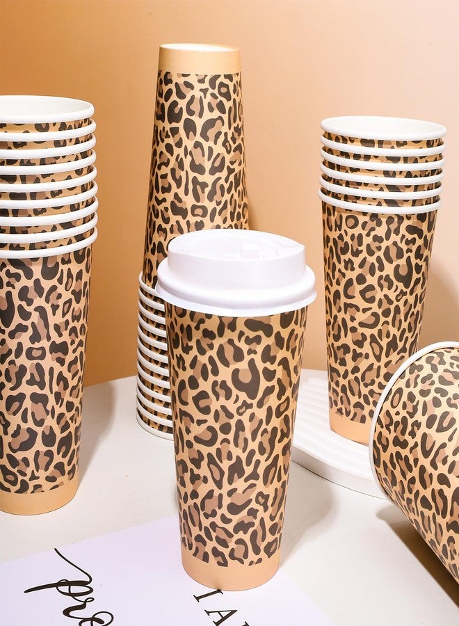 Whaline 50Pcs Brown Leopard Print Paper Cups Jungle Animal Disposable Coffee Cups with Lids 16 Oz Decorative Party Cups for Graduation Hot Cold Drinks Beverage Birthday Holiday Party Supplies - Image 3