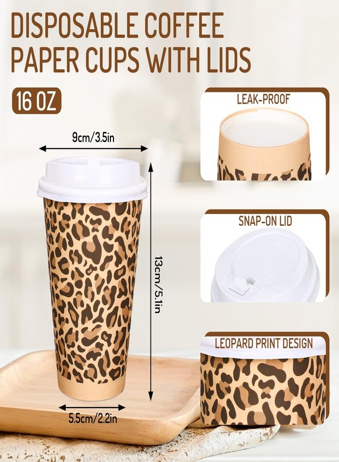 Whaline 50Pcs Brown Leopard Print Paper Cups Jungle Animal Disposable Coffee Cups with Lids 16 Oz Decorative Party Cups for Graduation Hot Cold Drinks Beverage Birthday Holiday Party Supplies - Image 2