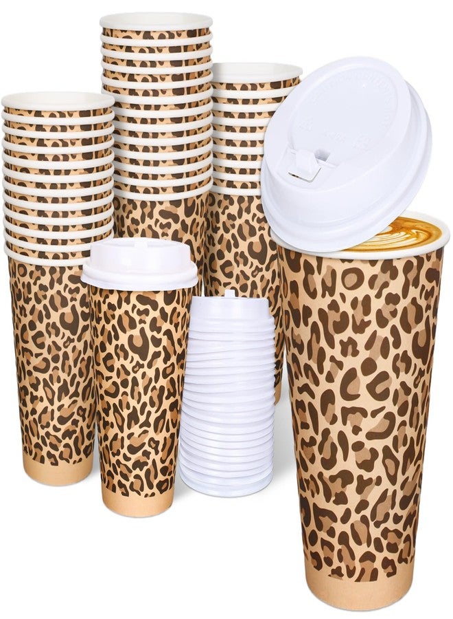 Whaline 50Pcs Brown Leopard Print Paper Cups Jungle Animal Disposable Coffee Cups with Lids 16 Oz Decorative Party Cups for Graduation Hot Cold Drinks Beverage Birthday Holiday Party Supplies - Image 1