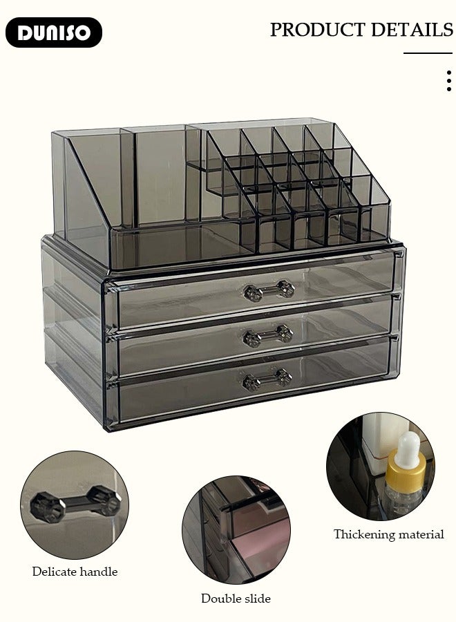 DUNISO Acrylic Makeup Organizer Box with Tissue Box, Large Capacity Cosmetic Display Case with  with Lipstick and Brush Holder,  Jewelry Organizer with 3 Drawers , Clear Stackable Desk Storage Box for Dresser and Washroom - Image 2