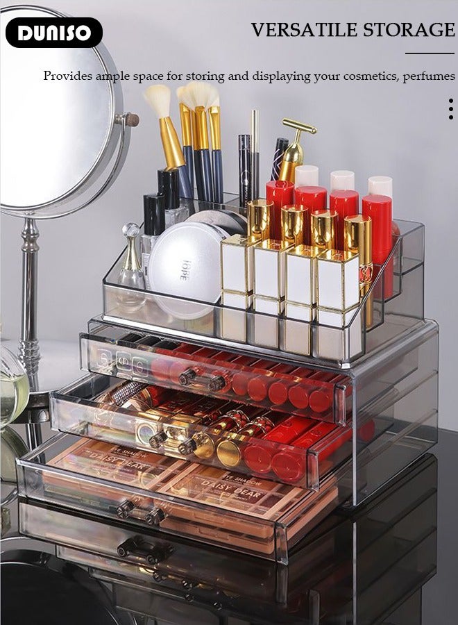 DUNISO Acrylic Makeup Organizer Box with Tissue Box, Large Capacity Cosmetic Display Case with  with Lipstick and Brush Holder,  Jewelry Organizer with 3 Drawers , Clear Stackable Desk Storage Box for Dresser and Washroom - Image 3