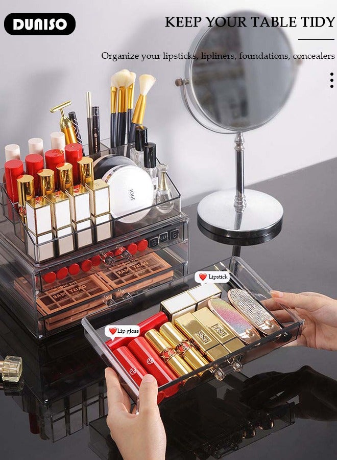 DUNISO Acrylic Makeup Organizer Box with Tissue Box, Large Capacity Cosmetic Display Case with  with Lipstick and Brush Holder,  Jewelry Organizer with 3 Drawers , Clear Stackable Desk Storage Box for Dresser and Washroom - Image 5