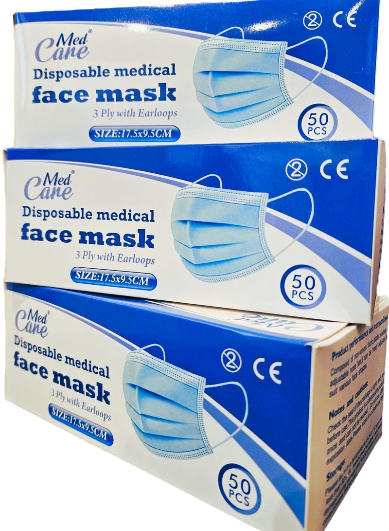 CAREMED Medical Face Mask 3Ply, Elastic Earloop, 50 Piece (Ultimate Protection Stay Safe Against Airborne Particles and Germs) 3 Pack - Image 1