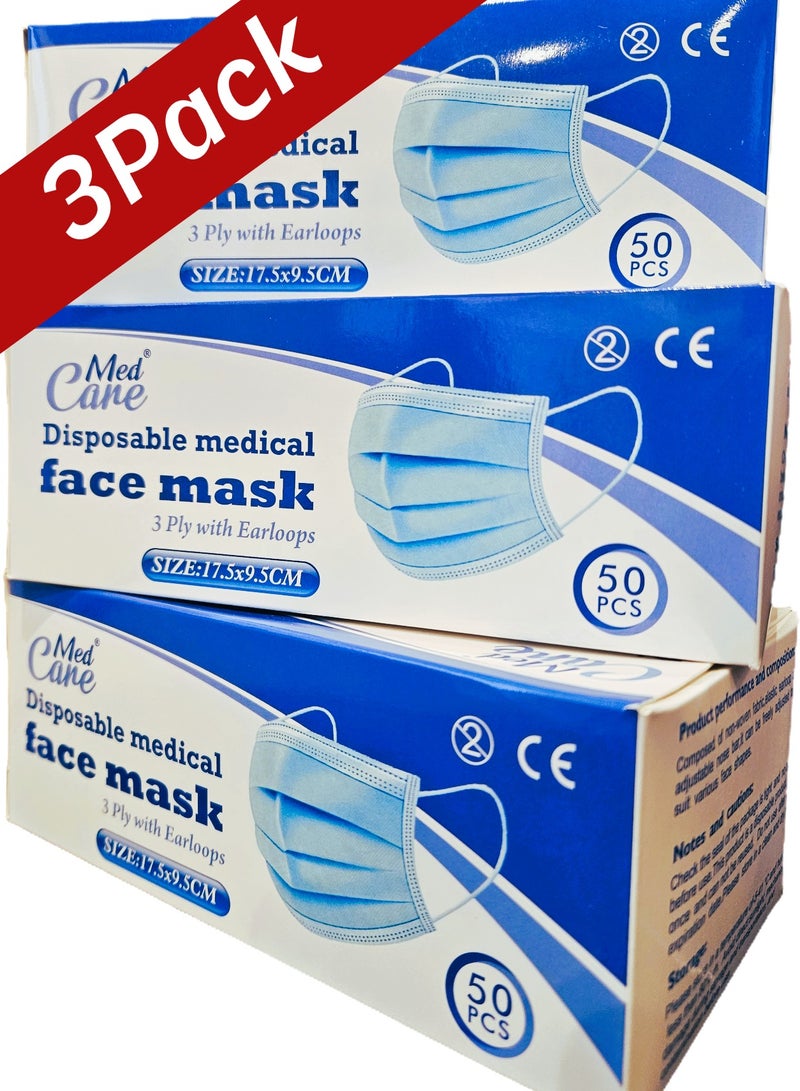 CAREMED Medical Face Mask 3Ply, Elastic Earloop, 50 Piece (Ultimate Protection Stay Safe Against Airborne Particles and Germs) 3 Pack - Image 2