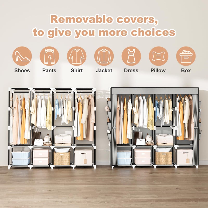 BrFoYu Portable Closet for Hanging Clothes, 67 Inch Wide Portable Wardrobe Closet with Cover, 4 Hanging Rod, Storage Shelves and Side Pockets, Large Free Standing Closet for Bedroom, Grey - Image 5