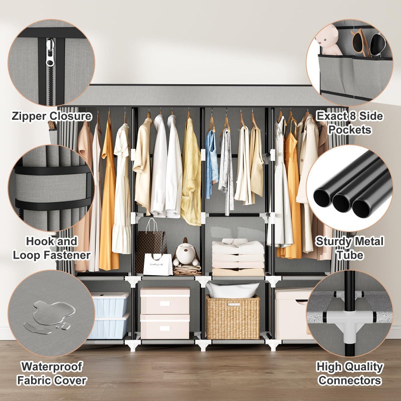 BrFoYu Portable Closet for Hanging Clothes, 67 Inch Wide Portable Wardrobe Closet with Cover, 4 Hanging Rod, Storage Shelves and Side Pockets, Large Free Standing Closet for Bedroom, Grey - Image 4