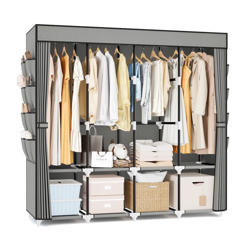 BrFoYu Portable Closet for Hanging Clothes, 67 Inch Wide Portable Wardrobe Closet with Cover, 4 Hanging Rod, Storage Shelves and Side Pockets, Large Free Standing Closet for Bedroom, Grey - Image 1