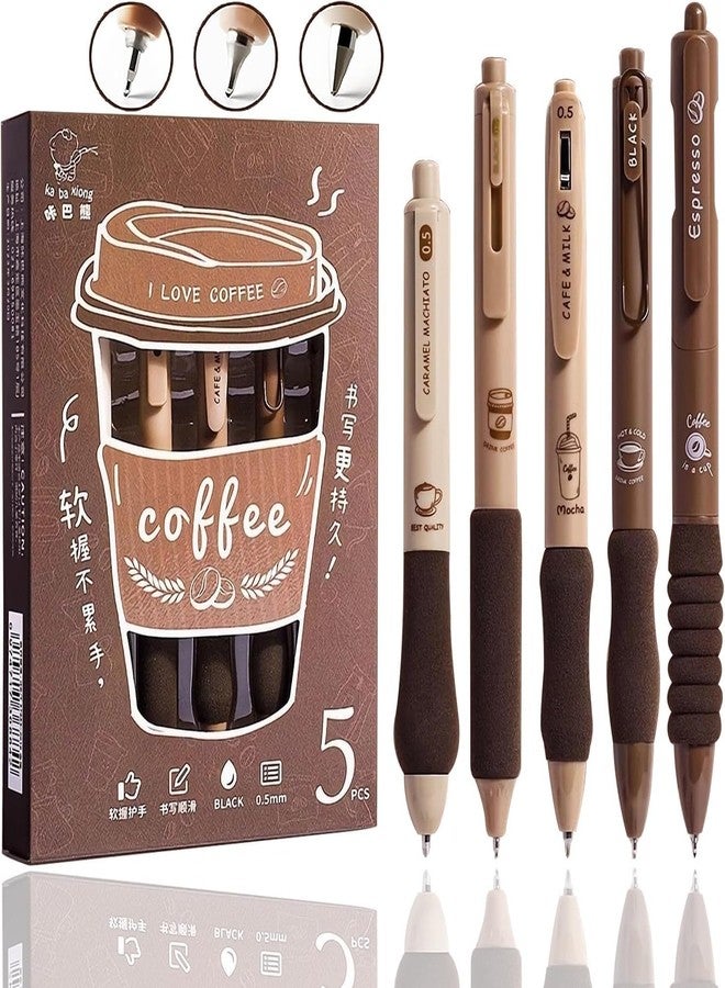 FAMOUS QUALITY Coffee Theme 5 Pc Retractable Quick Dry Ink 0.5mm Fine Gel Point Blue Ink Kawaii Smooth Writing Aesthetic pretty pens for Party Favor Return Gift - Image 1