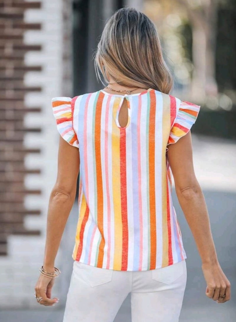 Shein SHEIN Women's Colorful Stripe Lace Patchwork Round Neck Cap Sleeve Blouse  - Image 4