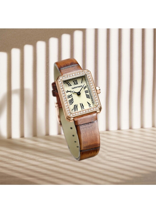 مارك وارفيلد الرجل الجديد مارك فيرفيل ساعة نسائية كوارتز مربعة بلمسة ماسية كلاسيكية مع سوار جلدي بني طبيعي - Image 3