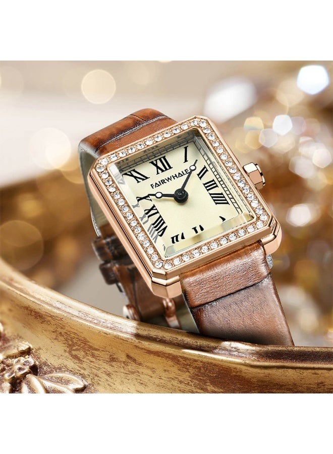 مارك وارفيلد الرجل الجديد مارك فيرفيل ساعة نسائية كوارتز مربعة بلمسة ماسية كلاسيكية مع سوار جلدي بني طبيعي - Image 2