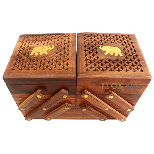 ITOS365 Handmade Wooden Jewellery Box for Women Jewel Organizer Hand Carved Jali Elephant Carvings Gift Items - Image 2