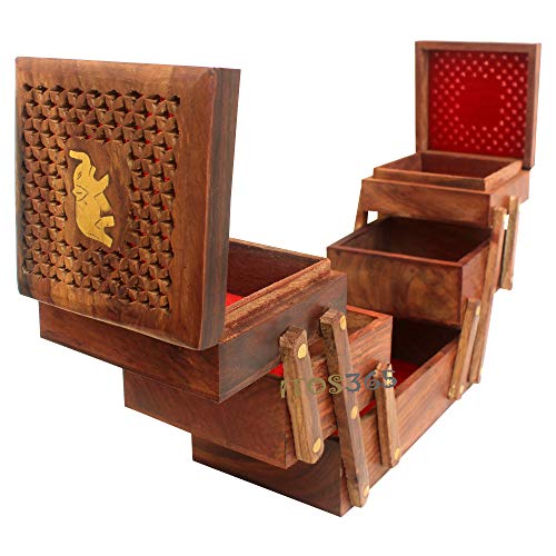ITOS365 Handmade Wooden Jewellery Box for Women Jewel Organizer Hand Carved Jali Elephant Carvings Gift Items - Image 3