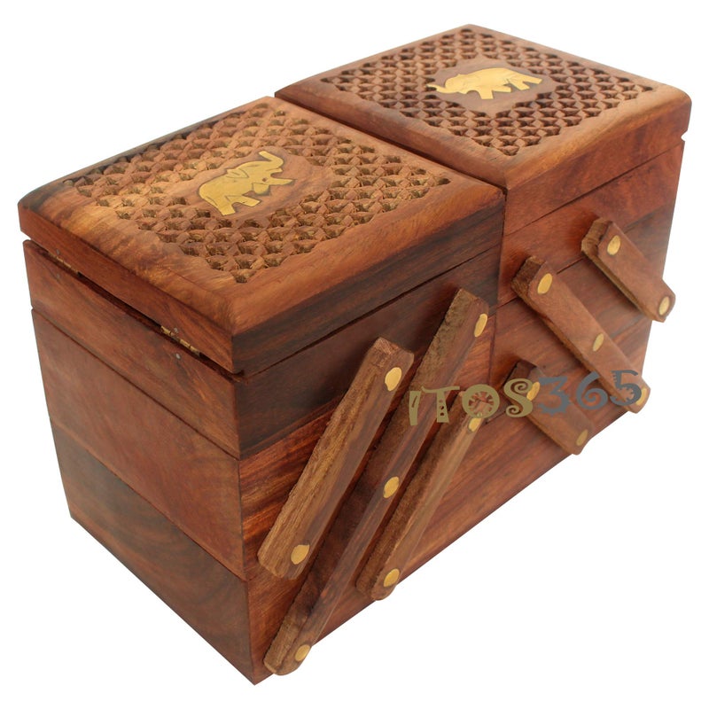 ITOS365 Handmade Wooden Jewellery Box for Women Jewel Organizer Hand Carved Jali Elephant Carvings Gift Items - Image 5